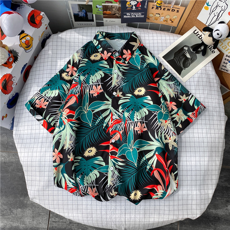 Áo sơ mi ngắn tay dáng rộng in hoa phong cách Hawaii Hàn Quốc mới cho nam