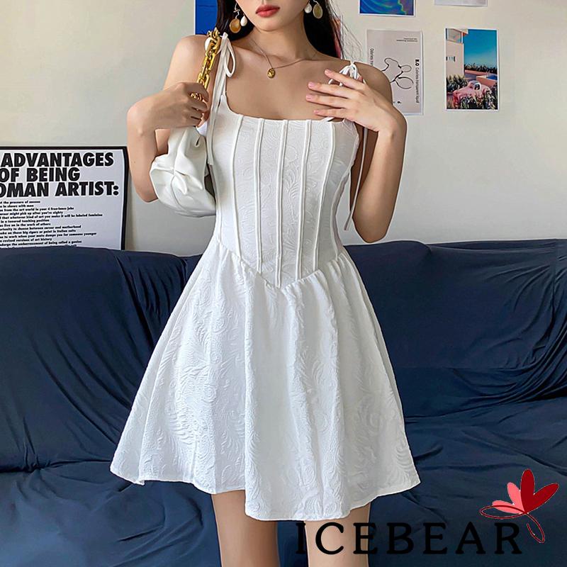 Đầm Hai Dây Dáng Chữ A Lưng Cao Màu Trơn Họa Tiết Kẻ Sọc Đính Nơ Cho Nữ