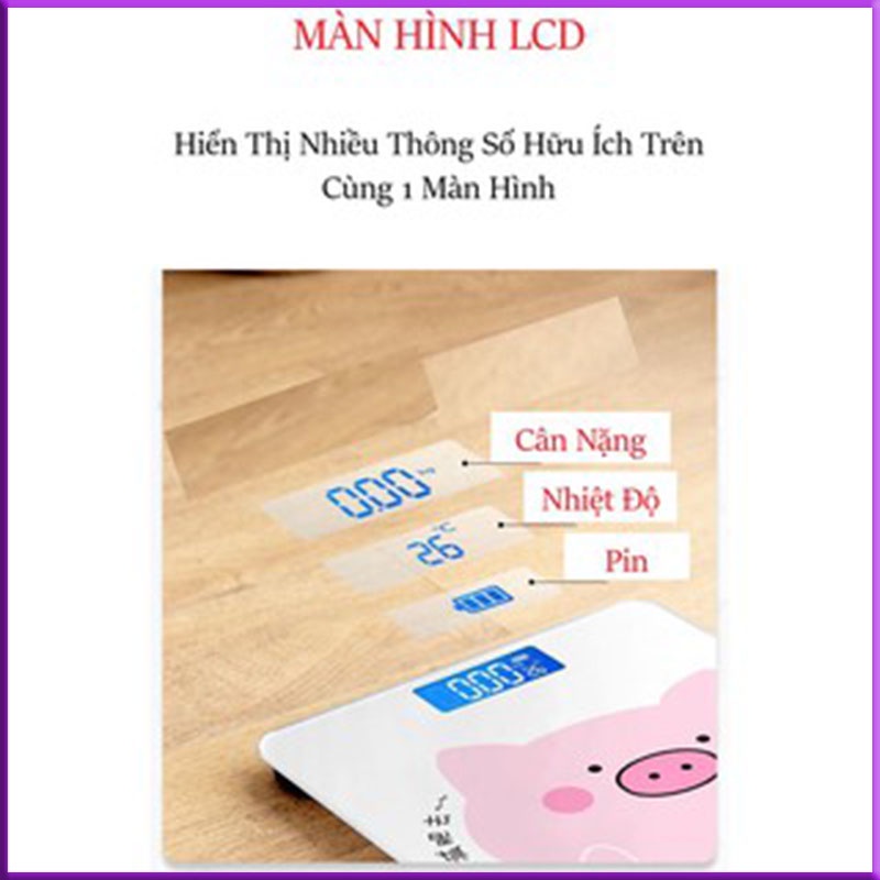 Cân sức khỏe, Cân điện tử Heo Hồng,Pin tiểu,Kính cường lực, Kèm đo nhiệt độ phòng,BH 24 tháng, Đồ gia dụng, Đồ trang trí
