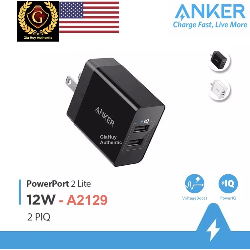 Củ sạc iPhone, iPad, AirPods ANKER A2129 PowerPort 12W - 02 cổng USB-A Power IQ
