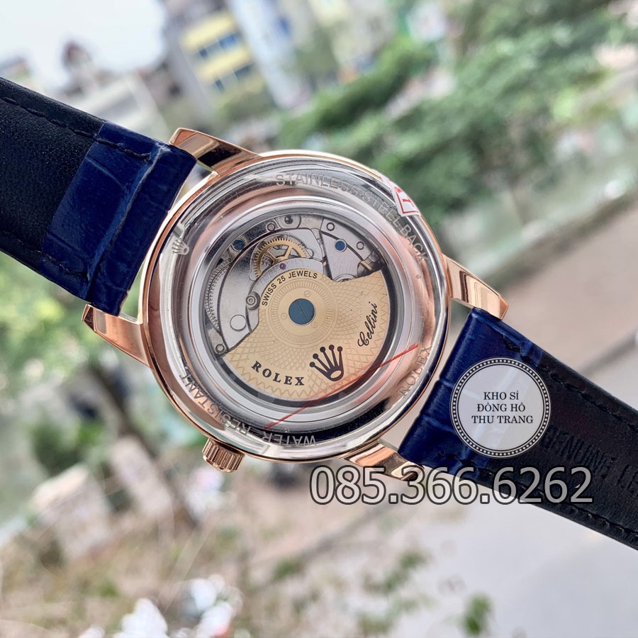 Đồng hồ nam Rolex máy Nhật mẫu 6 kim cơ Automatic xanh viền vàng dây da size 40-41mm