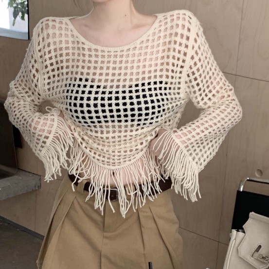 ZHELIHANGFEI Áo Dệt Kim Tay Dài Chống Nắng Lưng Cao Thiết Kế Khoét Rỗng Cá Tính