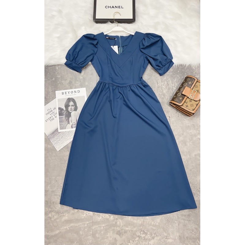 VNU234 - VÁY XANH VINTAGE CỔ V TAY BỒNG | BigBuy360 - bigbuy360.vn