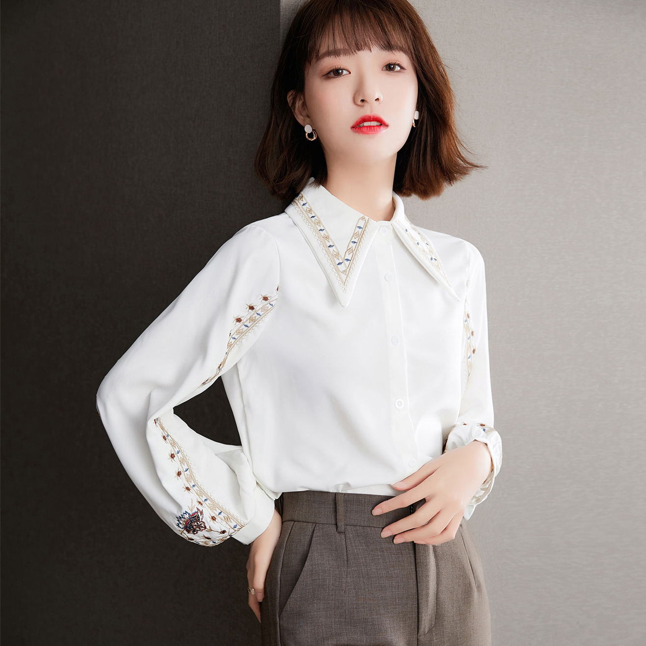 Spring Vintage Hong Kong Style White Shirt Design Small Quantity Chiffon Long Sleeve