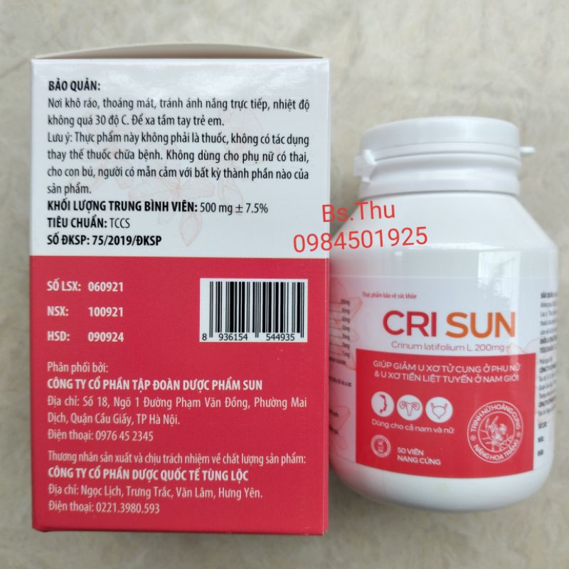 Combo 2 lọ CRI SUN mỗi lọ 50 viên - CRISUN chiết xuất trinh nữ hoàng cung, hỗ trợ giảm u xơ và tiểu đêm ở nam và nữ