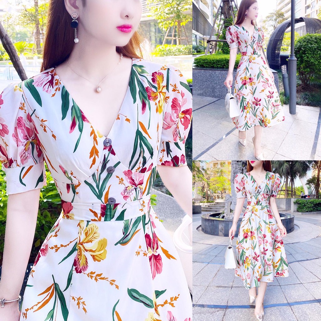 Đầm hoa lá cổ tim tay bồng dáng xòe chất voan cao cấp phù hợp đi chơi đi biển V1500