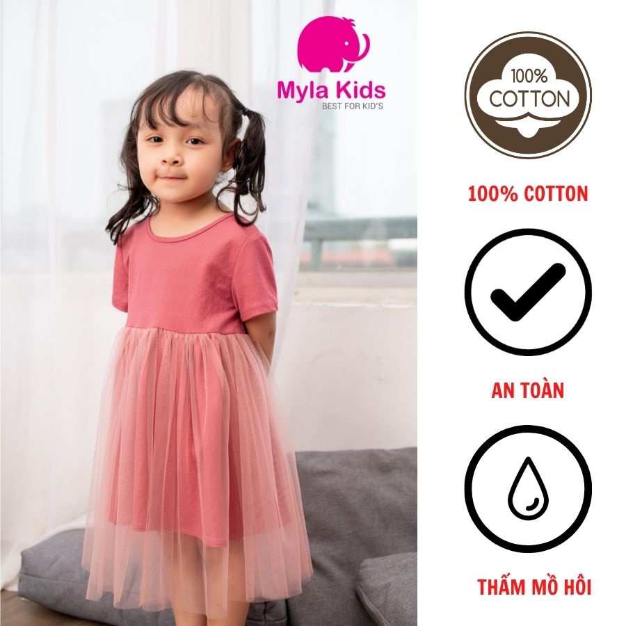 Đầm bé gái thiết kế ngắn tay chất liệu đũi phối lưới cho bé 1-2-3-4-5-6-7-8-9-10 tuổi Myla Kids