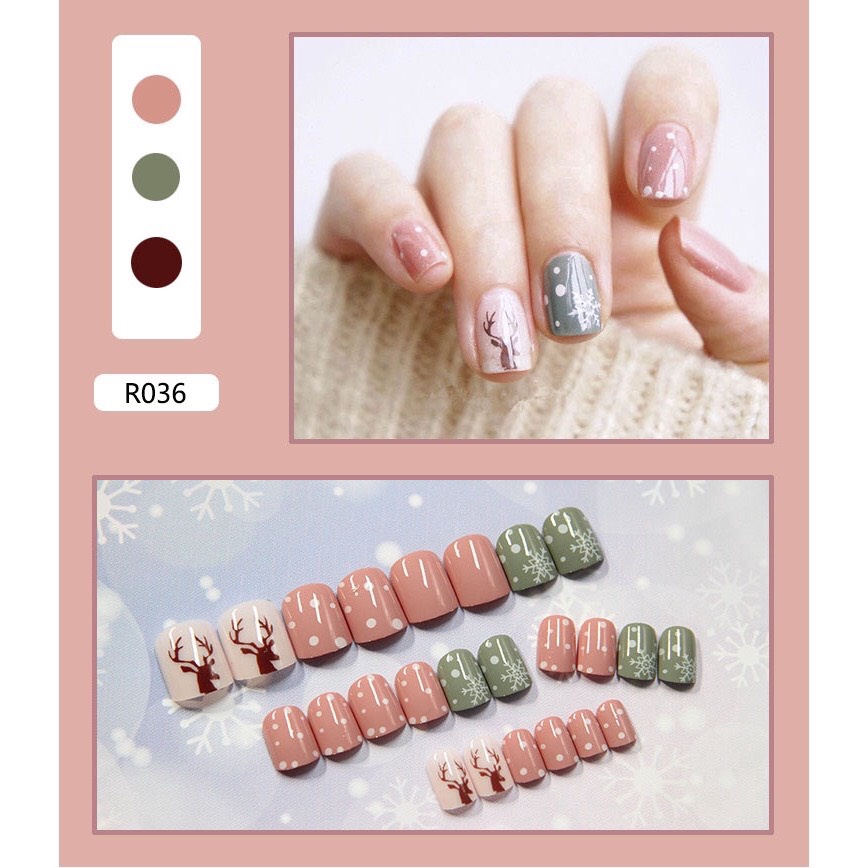 Set 24 móng tay giả họa tiết 3D họa tiết giáng sinh cute tặng kèm keo dán 036