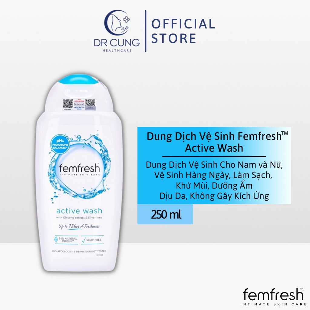 Bác Sĩ Cung Femfresh Active Wash (Xanh Dương) - Dung Dịch Vệ Sinh Nam, Nữ, Dưỡng Ẩm, Dịu Da (Chai 250ml) [UK]