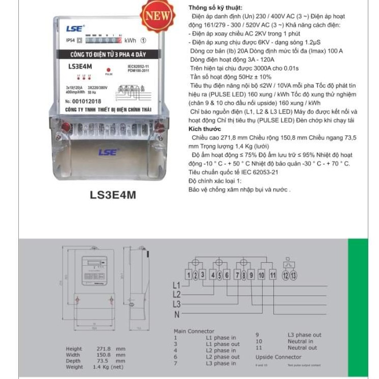 [LSE] Công Tơ Điện Đồng Hồ Điện 3 Pha 4 Dây Kiểu Điện Tử LS3E4M 3x10(120)A