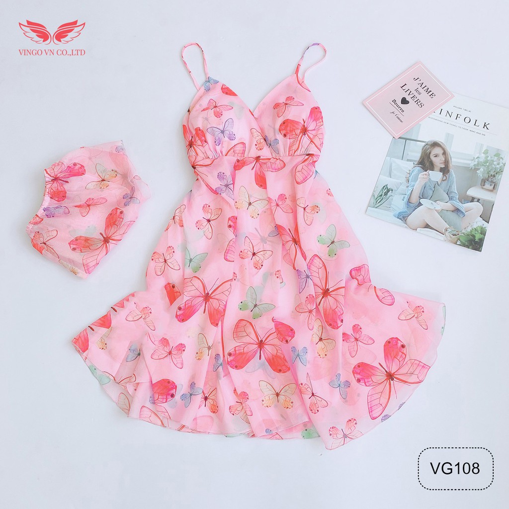 VINGO Váy ngủ nữ hai dây dáng xòe chất voan mềm mại họa tiết cánh bướm đẹp VG108 VNGO
