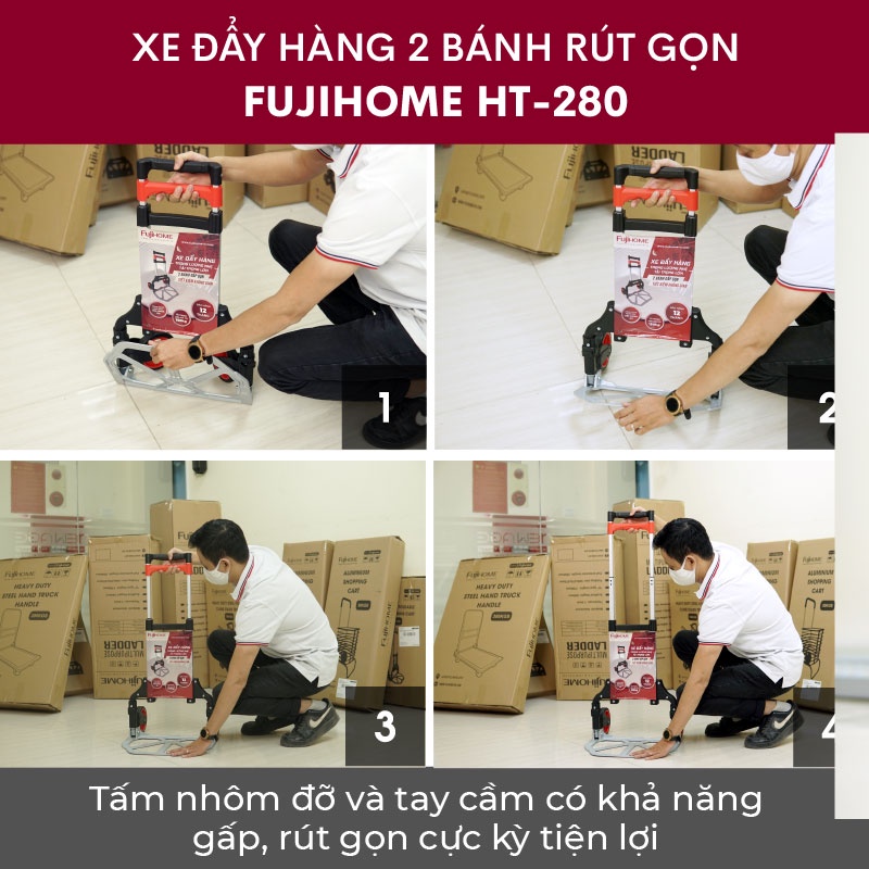 Xe đẩy hàng gấp gọn 2 bánh chở hàng 80kg Nhật Bản FUJIHOME HT-280, xe kéo hàng  gấp gọn nhẹ siêu thị đa năng giá rẻ mini