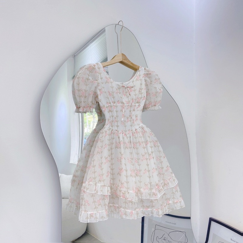 ĐẦM HOA HỒNG TAY BO BBD TẦNG BÈO