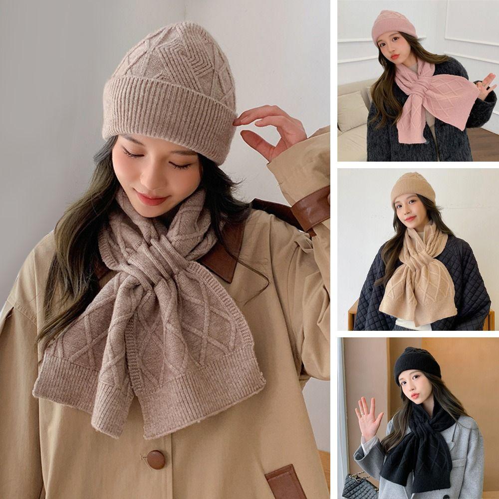 EBINLANDS Set Mũ Len Kèm Khăn Choàng Cổ Dày Dặn Ấm Áp