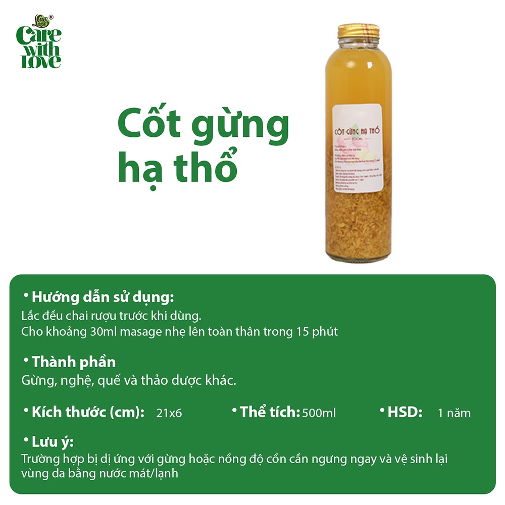 Cốt Gừng Hạ Thổ CARE WITH LOVE Giúp Giữ Ấm Cơ Thể, Khử Mùi Và Hỗ Trợ Giảm Mỡ, Đau Nhức 500ML