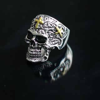 Nhẫn nam titan thép không gỉ đầu lâu thánh giá răng vàng