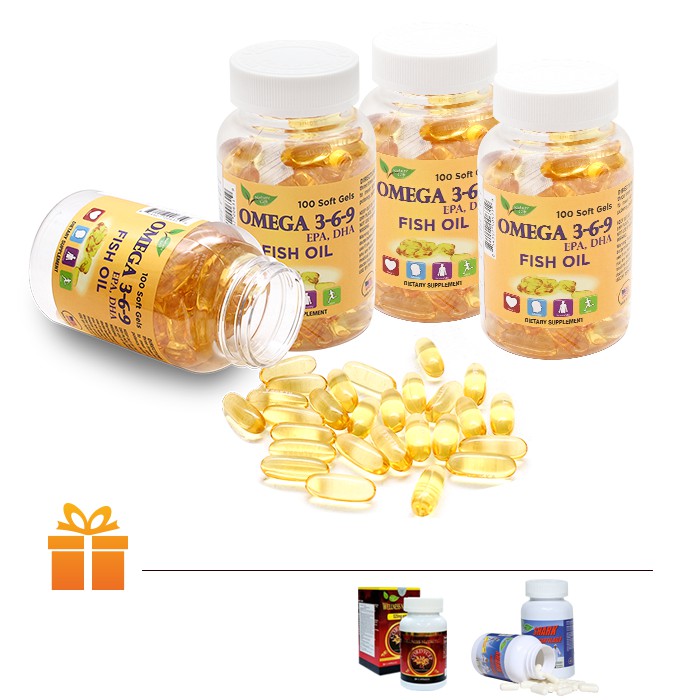 Bộ 4 hộp viên uống dầu cá Omega 3 6 9 Nature Gift (100 v/hộp)TẶNG 1 Hộp ĐTHT Wellness 30 viên, 2 Hộp Cartilage 30 viên