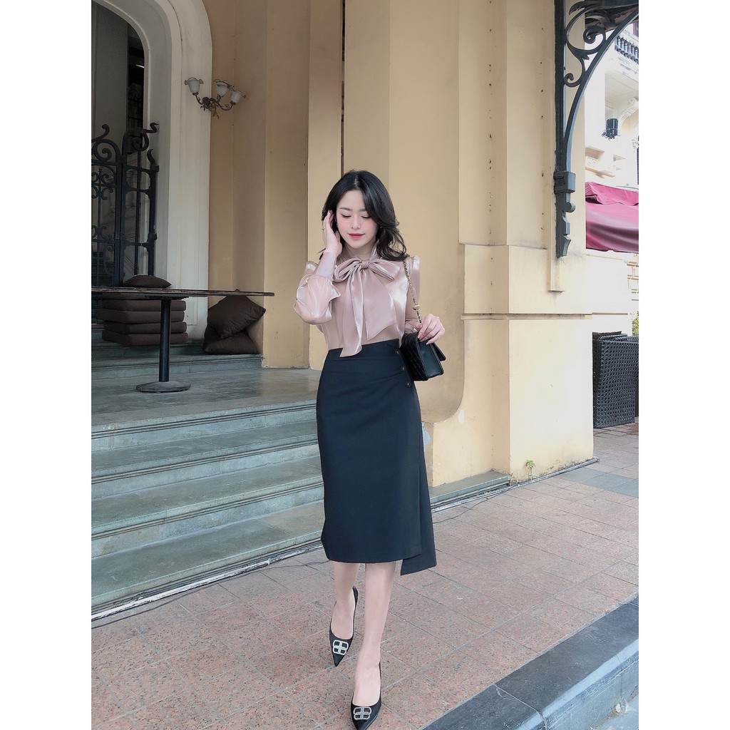 Chân váy dáng dài nữ dáng A cạp cao vạt lệch đính cúc thanh lich thời trang công sở Calie House CV23 | BigBuy360 - bigbuy360.vn