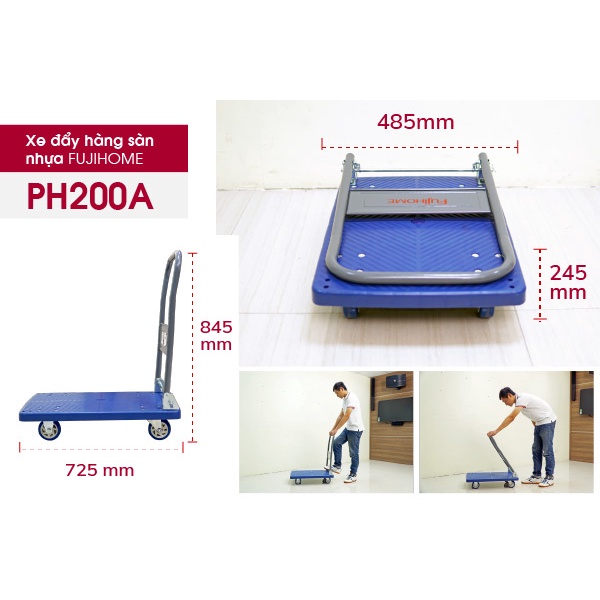 Xe đẩy kéo hàng 4 bánh gấp gọn chở 150kg sàn nhựa FUJIHOME PH200A hàng nhập khẩu giá rẻ,bánh xe chống ồn, Bảo hành 1 năm