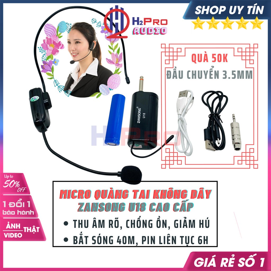 Micro Trợ Giảng Không Dây, Micro Không Dây Đeo Tai Zansong U18 Sóng UHF Kết Nối Loa Trợ Giảng, Loa Kéo, Amly-H2Pro Tech