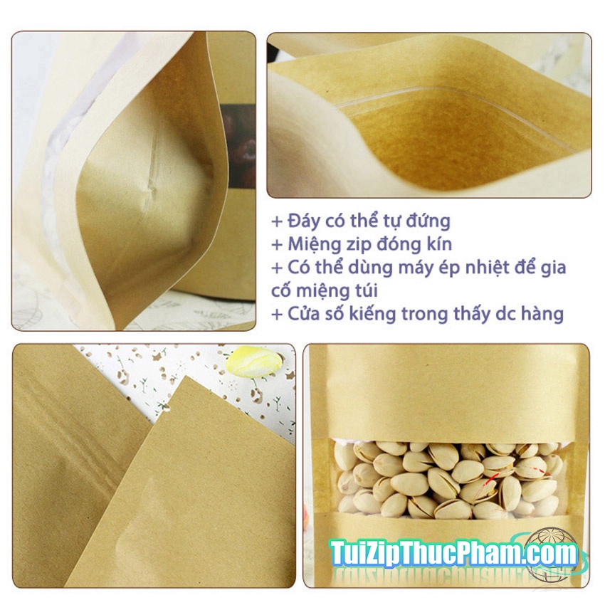 100 cái túi zip MIS size 10x15 cm đựng 70g bột mịn, túi zipper giấy kraft vàng có cửa sổ, phủ CPP đựng thực phẩm