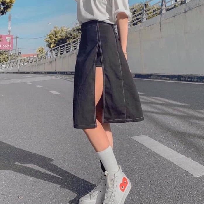 CV003 Chân váy dáng dài giả jeans cạp khóa Hàn Quốc, chân đầm xẻ tà có quần lót trong lưng cao chỉ nổi Ulzzang