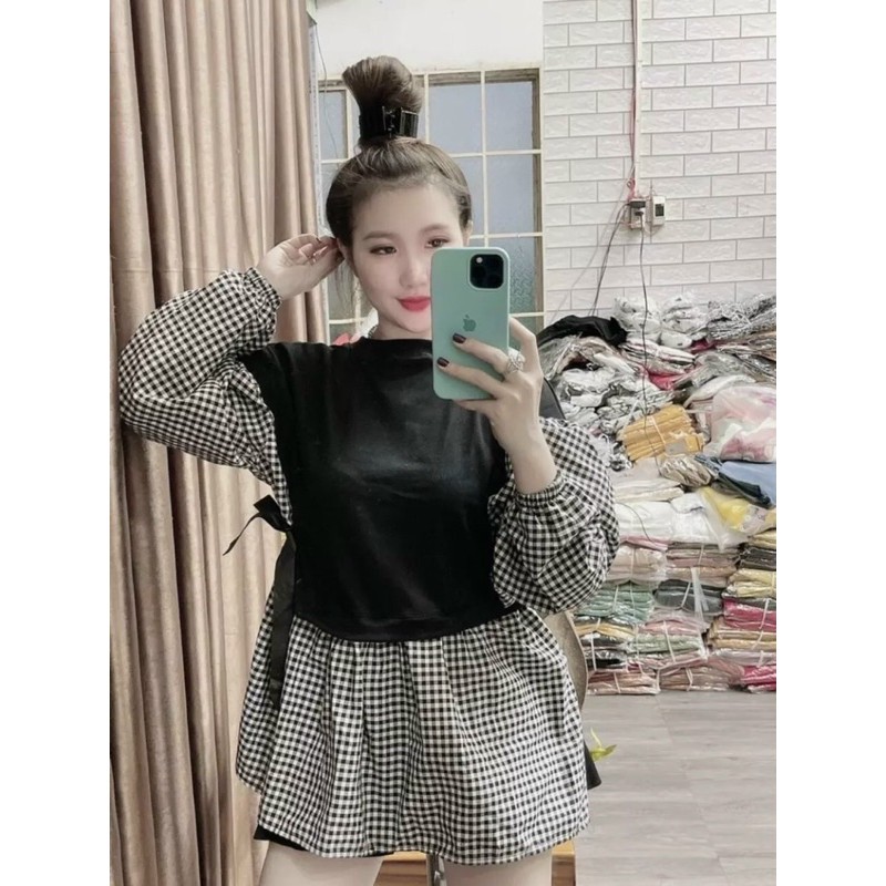 Áo babydoll phối caro form rộng