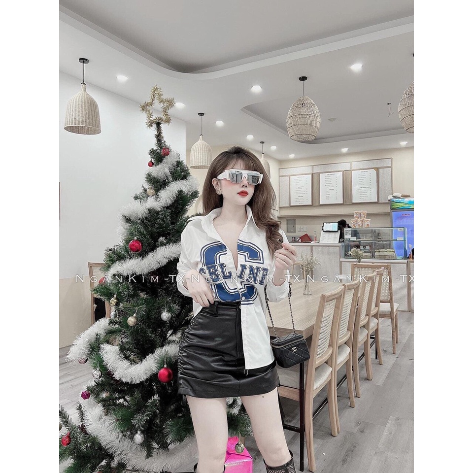 [ ZADOLA FASHION] Áo sơ mi chữ C xanh nữ đẹp kiểu form rộng tay dài hình thêu chất lụa cao cấp màu Trắng