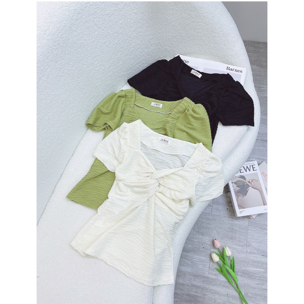 Áo xốp sóng xoắn ngực tay bồng chất sóng biển mới MÃ 1005