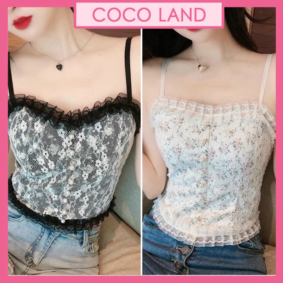 Áo 2 Dây Nữ Ren Hoa Tiểu Thư Đính Hạt Viền Bèo, Chun Sau Dáng Croptop Siêu Sang Chảnh Có Mút Ngực 1202 mầu đen trắng coc