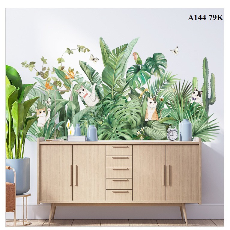 Decal dán tường mèo lùm cây A21 phong cách Bắc Âu