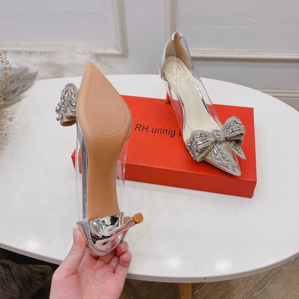 Giày mica nơ đá công chúa gót bạc cao 8cm hàng cao cấp đá sắc nét mẫu mới