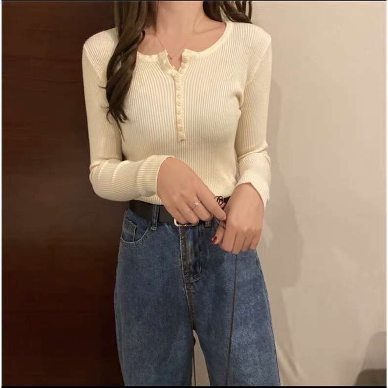 Áo Len Tăm Dài Tay Dáng Ôm Body Cổ V Cúc Dọc Hàng QC