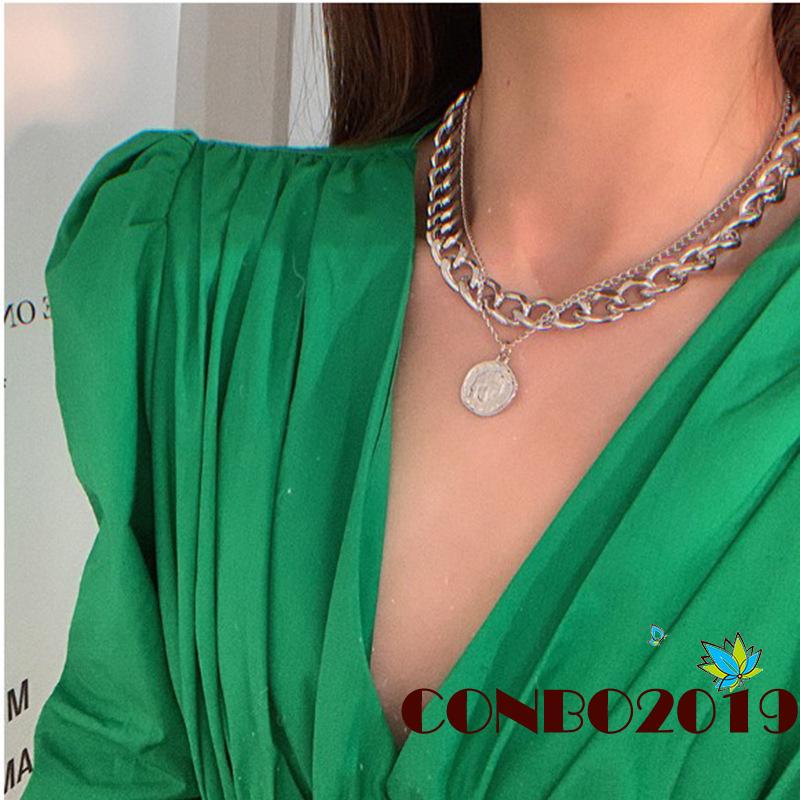 Vòng cổ hai lớp mặt hình đồng xu phong cách cổ điển dành cho nữ