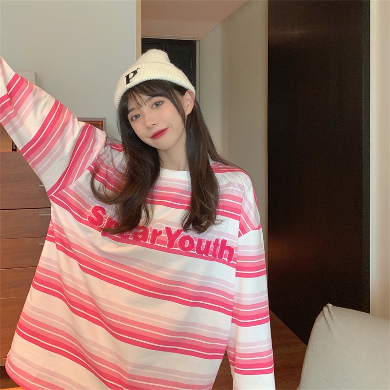 【ZHELIHANGFEI】Áo Thun Tay Dài Họa Tiết Sọc Theo Phong Cách Preppy Dễ Phối Đồ