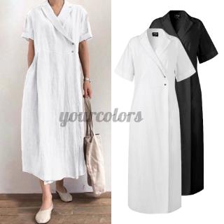 Đầm Dài Tay Ngắn Màu Trơn Thiết Kế Dáng Rộng Phong Cách Vintage