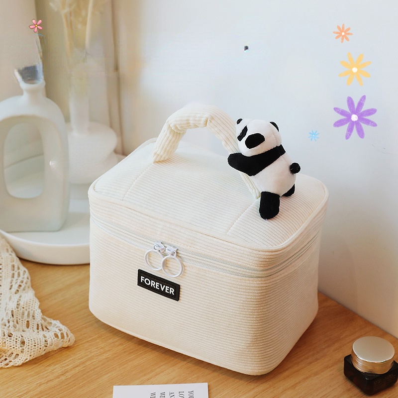 Túi Đựng Đồ Trang Điểm Chất Liệu Vải Nhung Kẻ Cao Cấp Hình Gấu Hoạt Hình