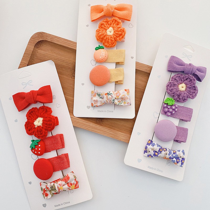 Set 5 kẹp tóc dệt kim họa tiết hoa hoạt hình dễ thương cho bé gái