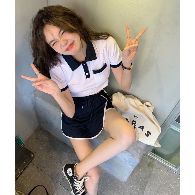 Jiashucheng Hàng Có Sẵn Set Áo Thun polo Ngắn Tay Và Chân Váy Ngắn Phong Cách Preppy Hàn Quốc Thời Trang Mùa Hè Mới Cho Nữ