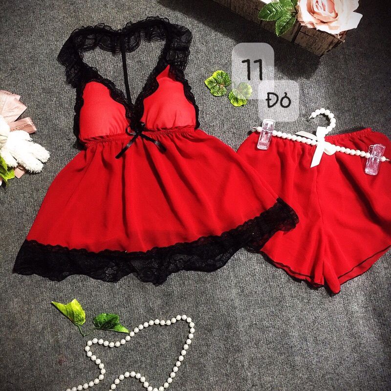 Bộ ngủ sexy chất voan mềm mát phối ren, 1 dây lưng