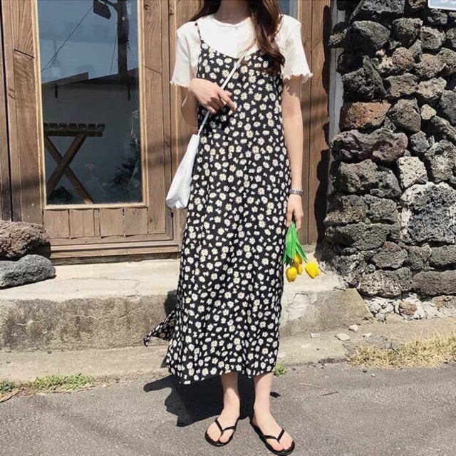 Set maxi yếm daisy pull trắng
