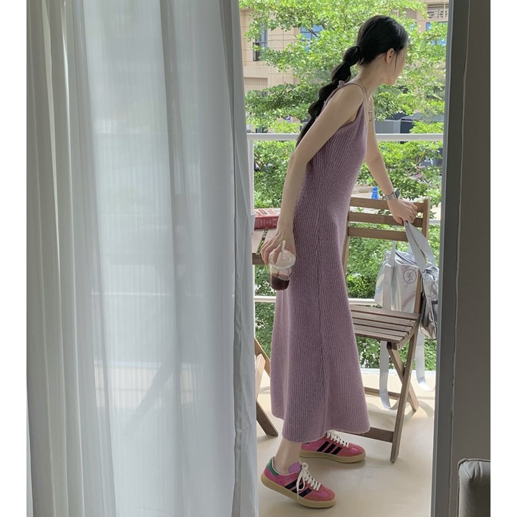 「ADELIA」Đầm Len 2 Dây DL5 Cổ V Dệt Kim Dày Dăn Dáng Dài Màu Tím Phong Cách Hồng Kông, Váy Len Hàn Dày