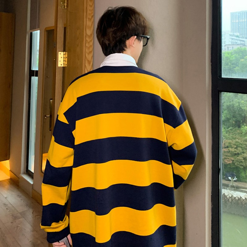 Áo thun Polo tay dài dáng rộng họa tiết kẻ sọc thời trang mùa hè phong cách Hàn Quốc cho nam