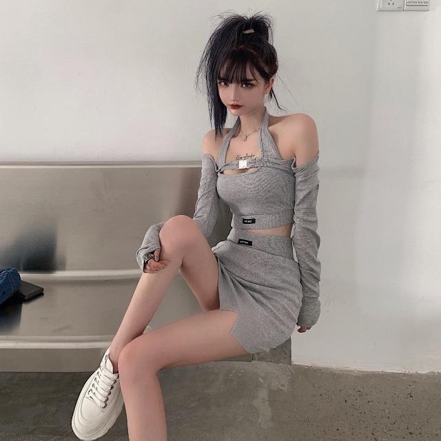 Set áo tank top + áo khoác + chân váy thời trang cho nữ