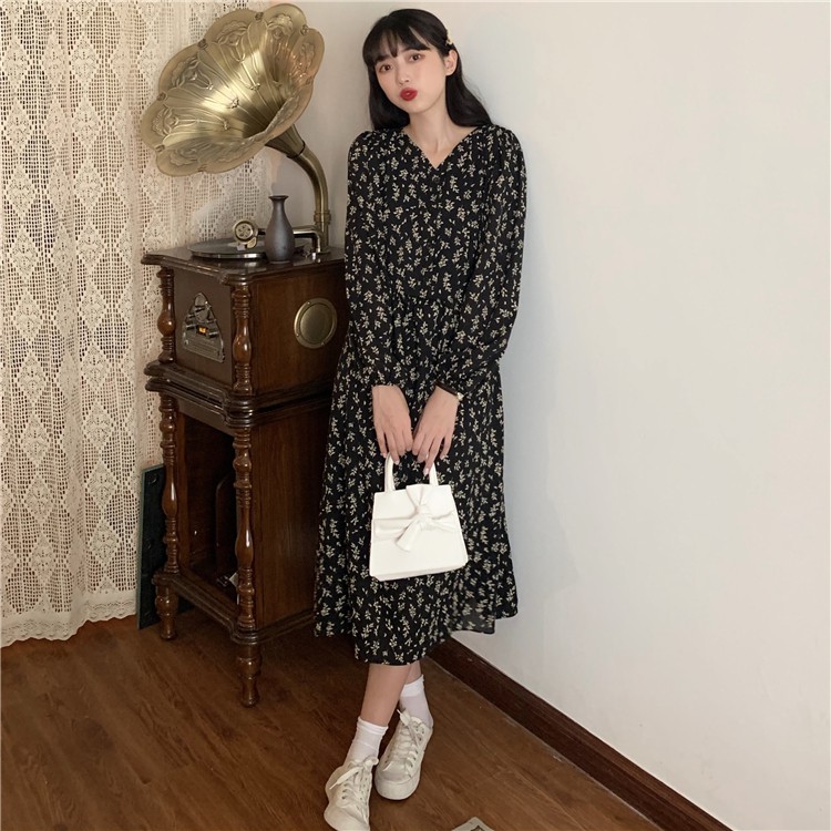 Váy babydoll dáng dài đầm hoa nhí trắng đen hàn quốc dài tay vintage tiểu thư đẹp kozoda D9 | BigBuy360 - bigbuy360.vn