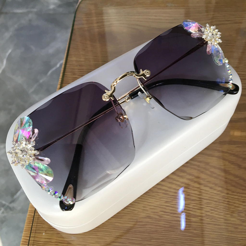 CODseller Women Sunglasses Rhinestones Gradient Color Lens Anti Ultraviolet Rimless Eye Protection Glasses Eyewear for Outdoor