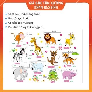 Tranh dán tường cho bé, decal dán tường cho bé các con vật tiếng anh Tặng sticker