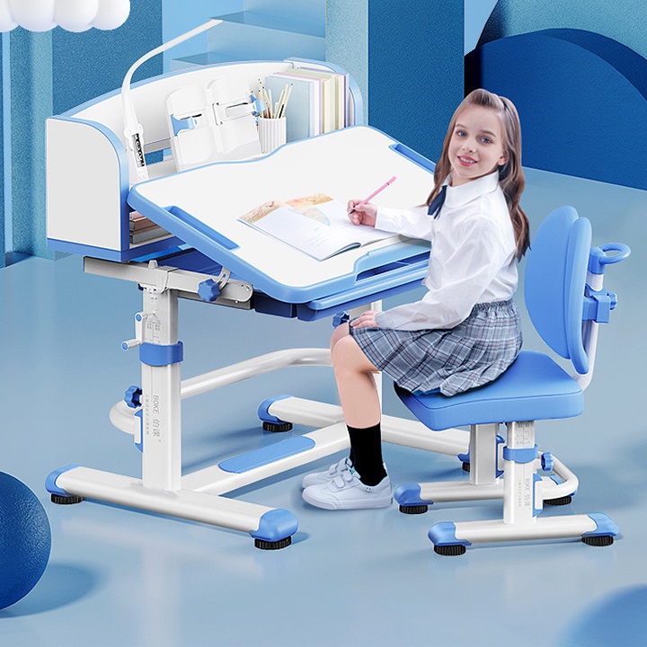 Bàn ghế học sinh tiểu học có đèn Led chống cận chống gù - Bàn học cho bé có giá sách nâng hạ thông minh decor phòng ngủ