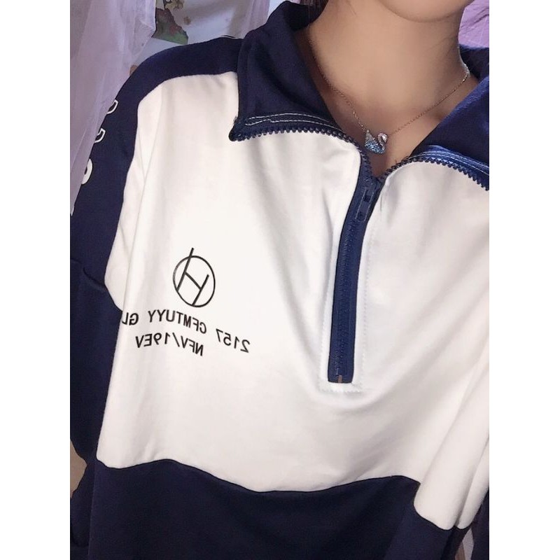 [Order] Áo sweater nỉ da cá dáng rộng trắng và xanh than màu cá tính dáng rộng cổ cao kéo khóa ulzzang (ảnh thật) | BigBuy360 - bigbuy360.vn