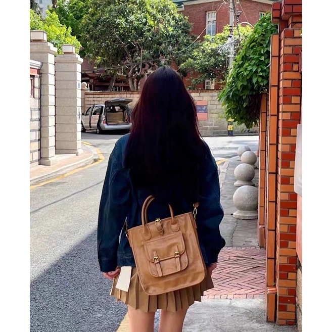Túi đeo chéo da nâu Vintage nhiều ngăn tiện dụng_túi đi học đi làm hàng ngày